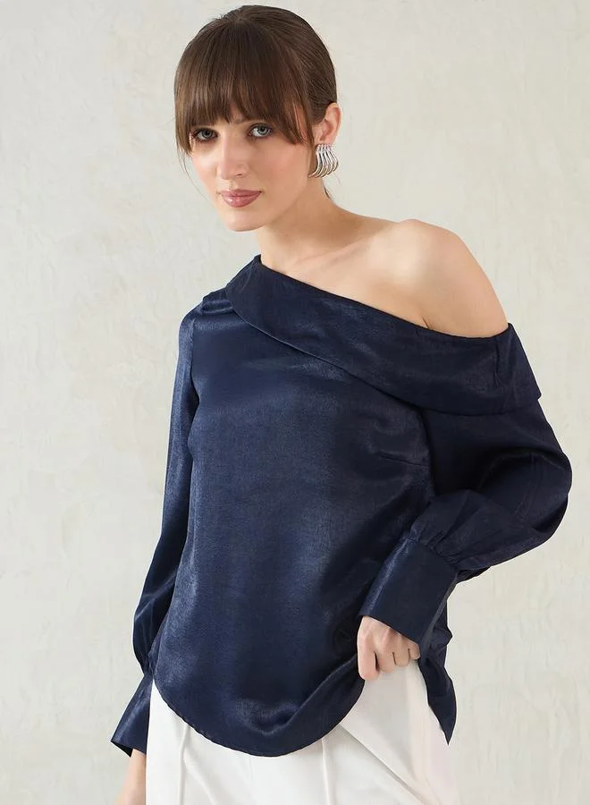 Femmella Navy Blue One Shoulder Detail Satin Top
